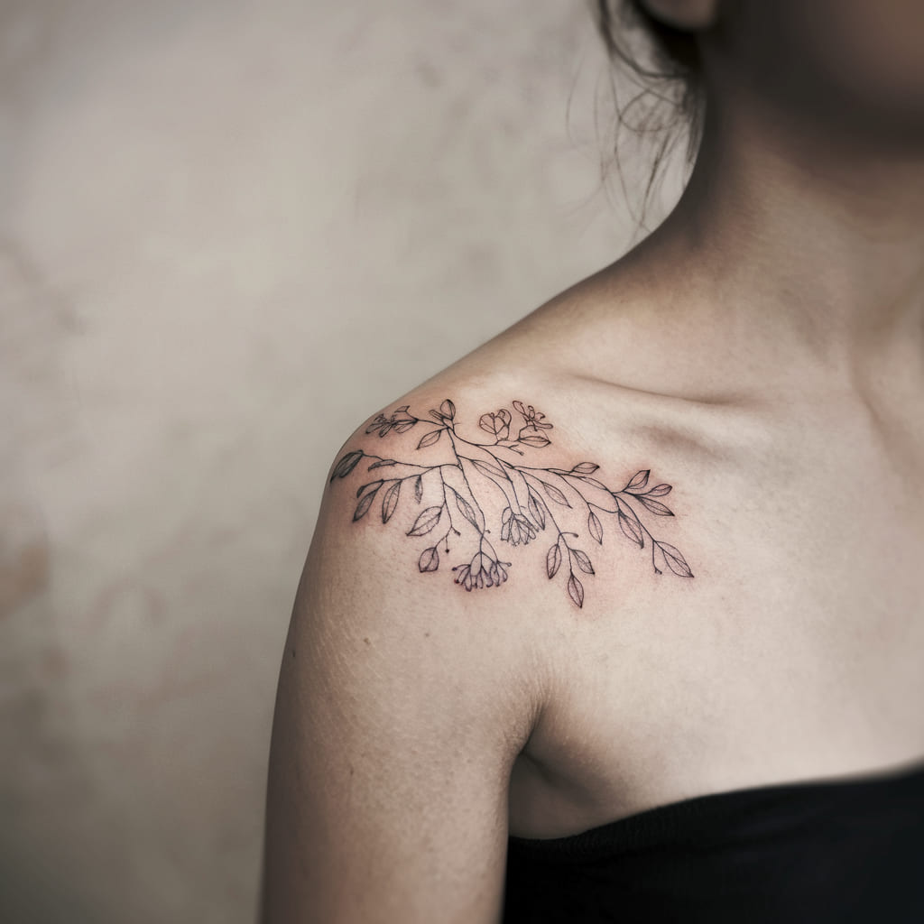 Delicate Floral Branch Shoulder Tattoos For Women