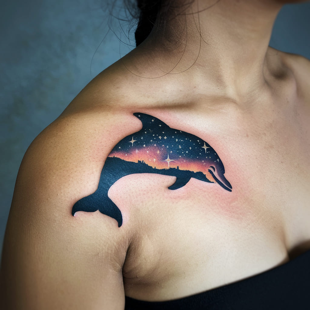 Dolphin Silhouette with Starry Night