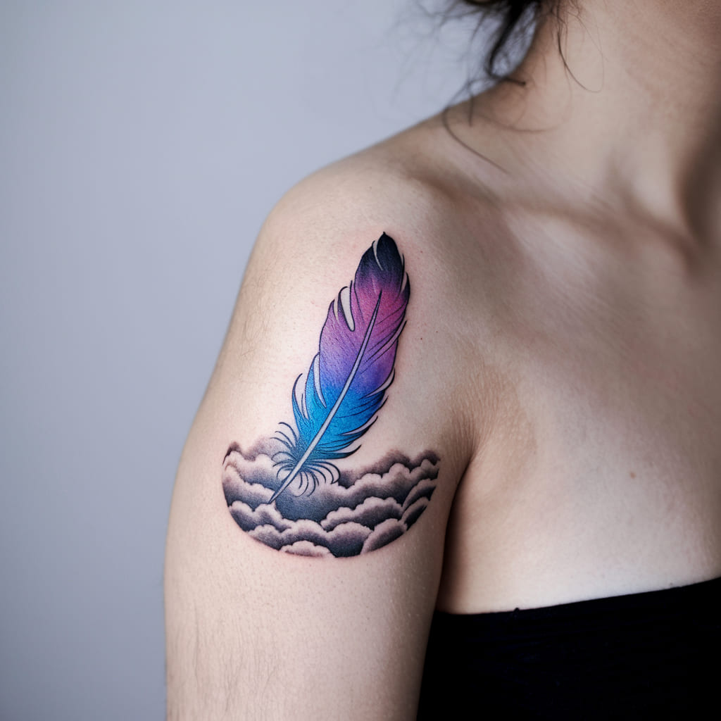 Floating Feather Shoulder Tattoo Idea