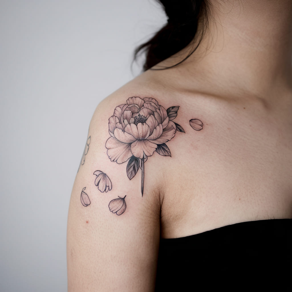 Mini Peony Blossom Shoulder Tattoo