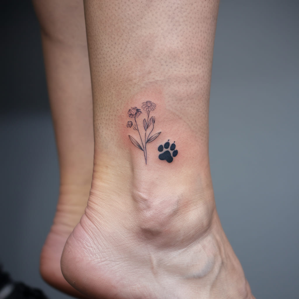 Tiny Wildflower and Paw Print on the Ankle