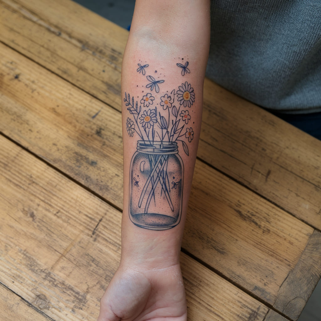 Wildflower Jar with Fireflies on the Forearm