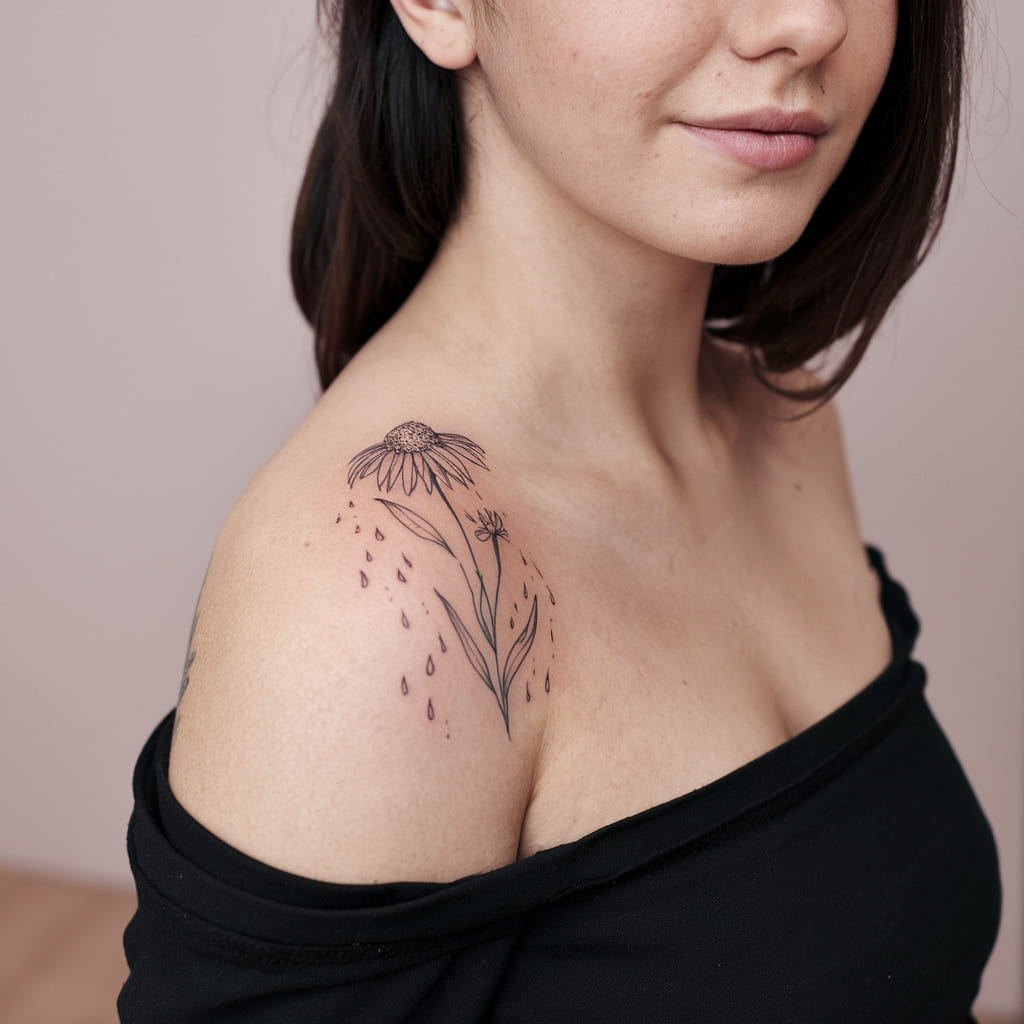 Wildflower with Tiny Raindrops on the Shoulder Blade