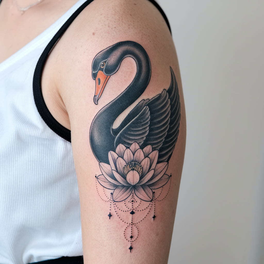 Black Swan with Lotus Flower