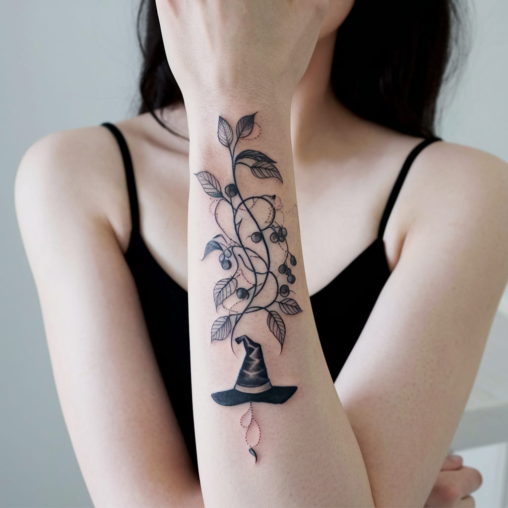 Gothic Vine with Witch Hat Tattoo