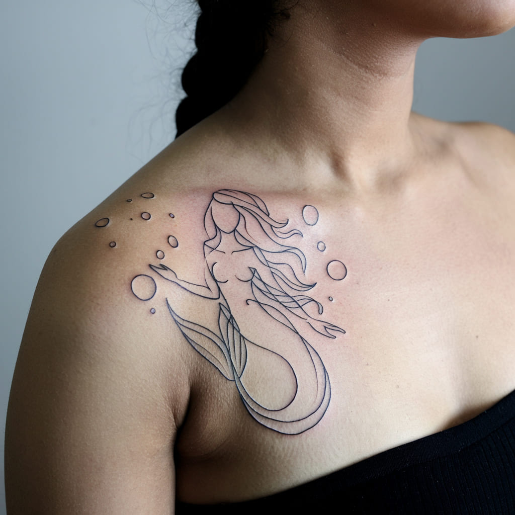 Linework Mermaid with Floating Bubbles