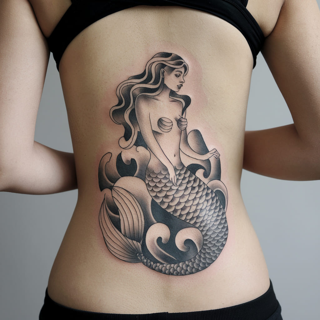 Monochrome Mermaid with Abstract Waves