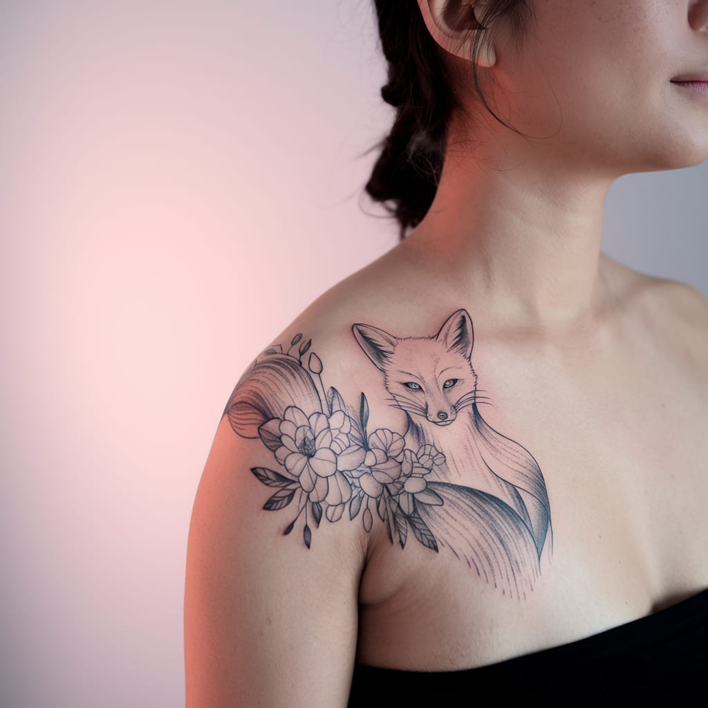 Nine-Tailed Fox with Floral Accents