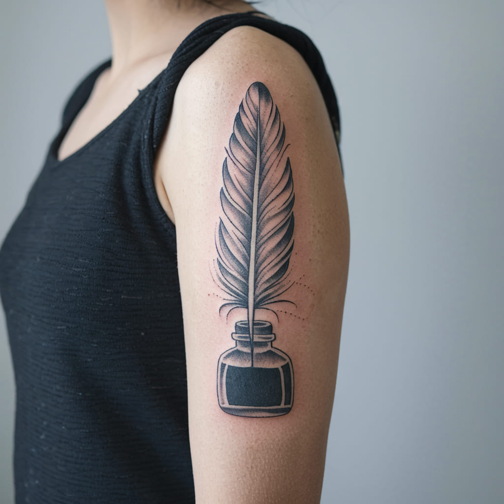 Thanksgiving Feather Quill and Ink Bottle Tattoo