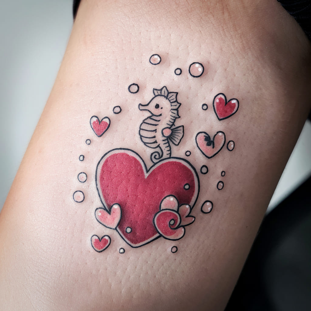 Tiny Seahorse with Heart Bubbles