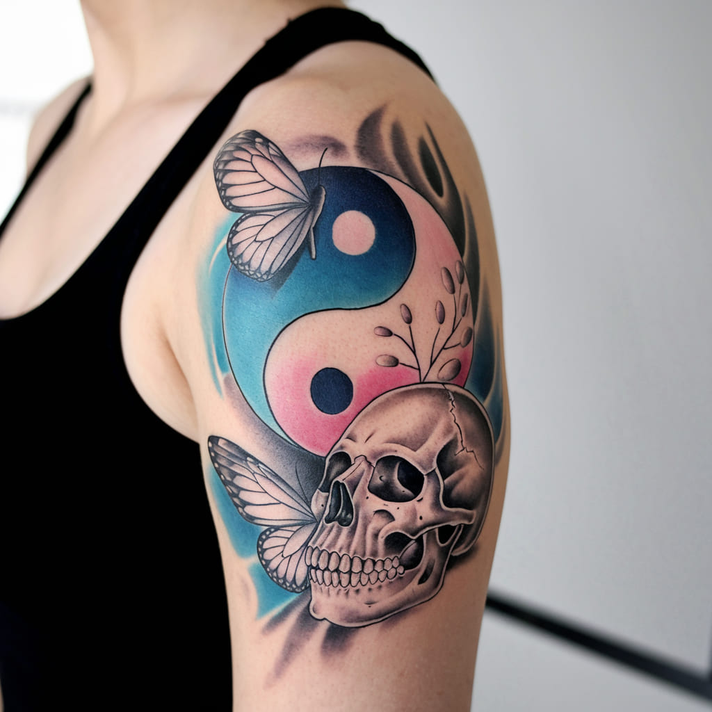 Yin Yang Butterfly and Skull Tattoo