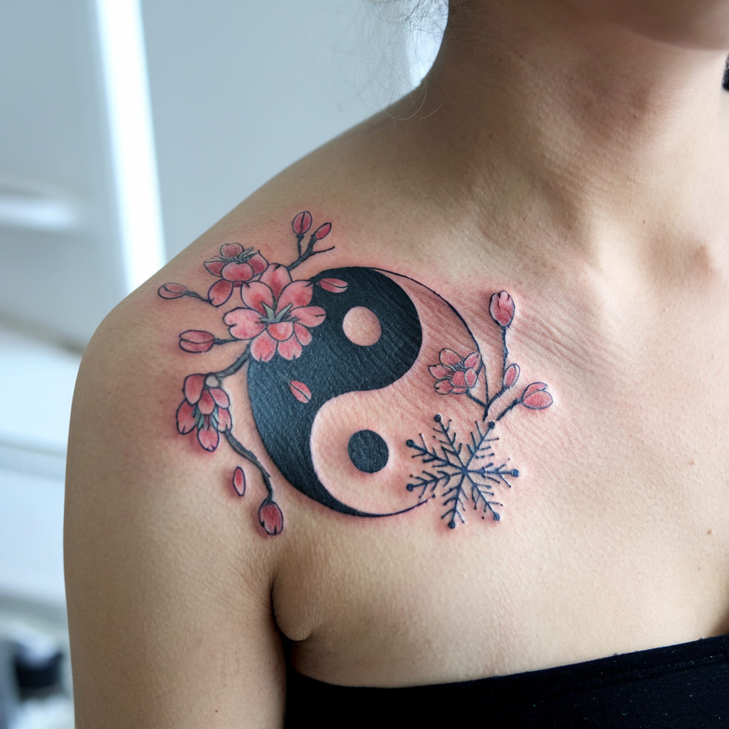 Yin Yang Cherry Blossom and Snowflake Tattoo