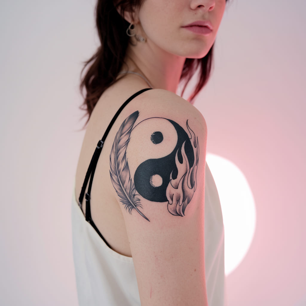 Yin Yang Feather and Fire Tattoo