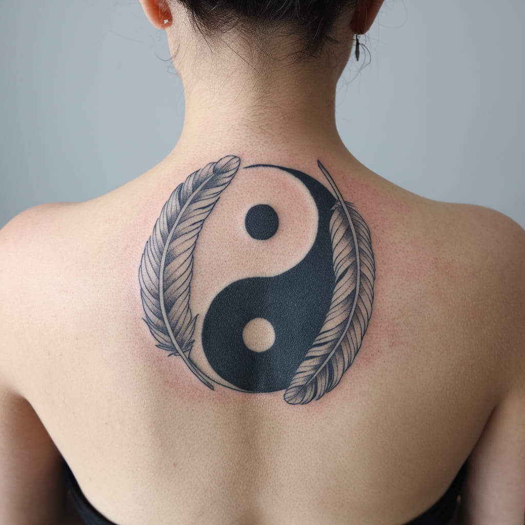 Yin Yang Feather and Leaf Tattoo