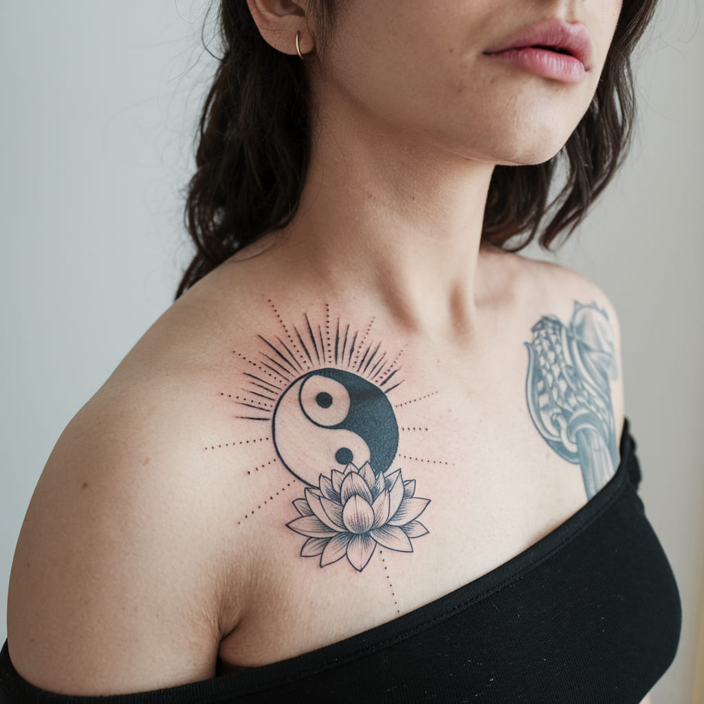 Yin Yang Lotus and Sun Tattoo