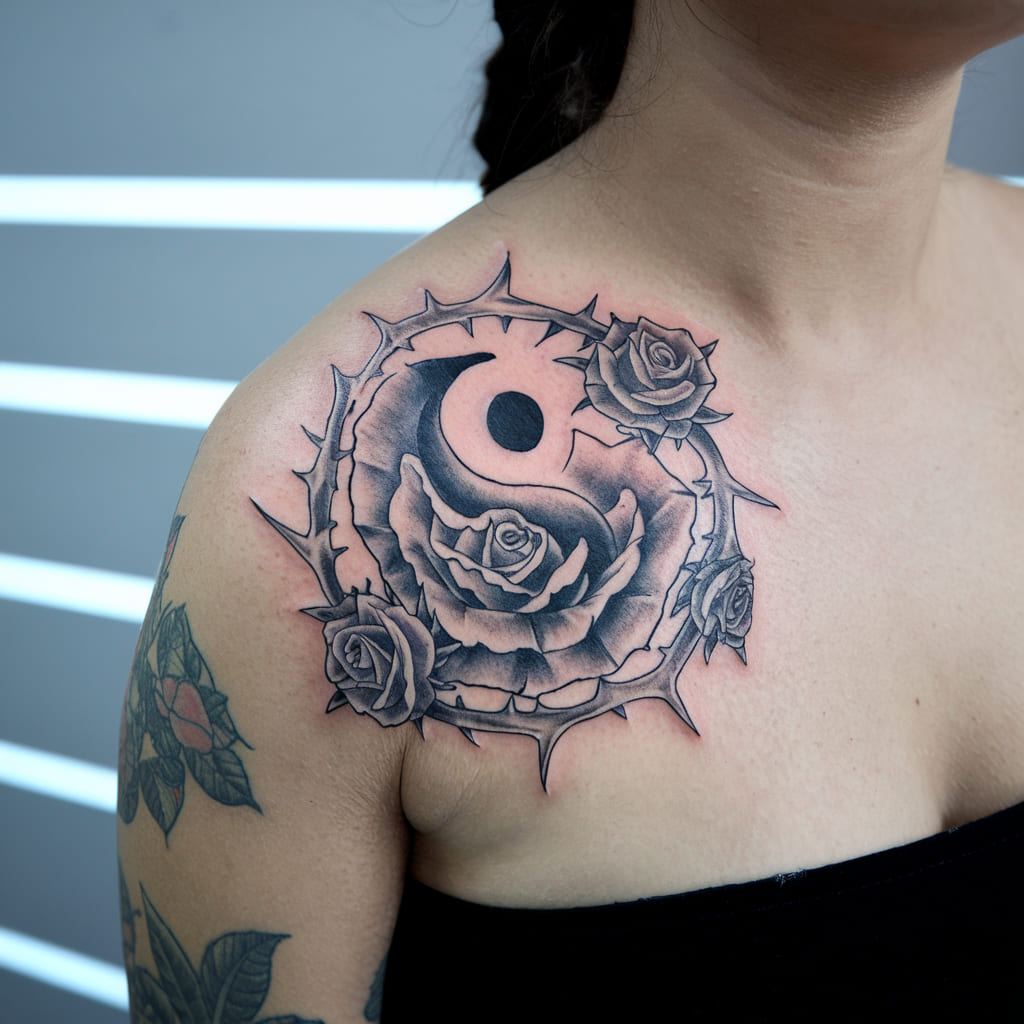 Yin Yang Rose and Thorns Tattoo