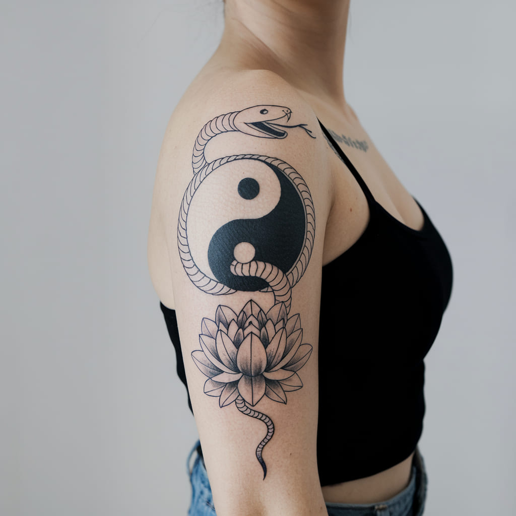 Yin Yang Snake and Lotus Tattoo