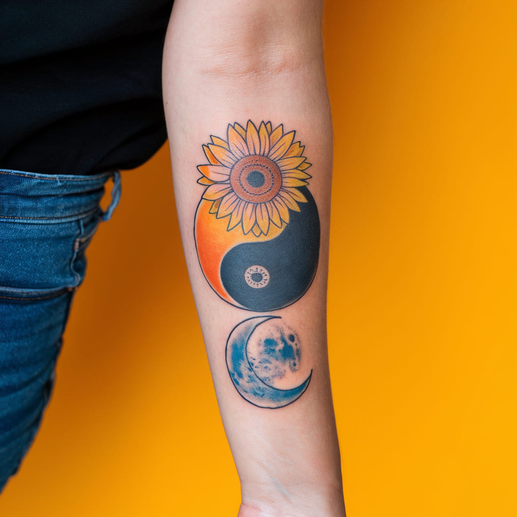 Yin Yang Sunflower and Moon Tattoo