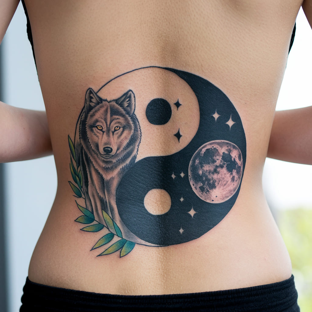 Yin Yang Wolf and Moon Tattoo